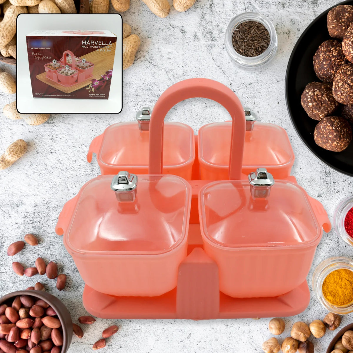 Dry Fruit Container Tray Set with Lid & Serving Tray 4 Pieces Airtight Jar for Serving Sweets, Chips, Cookies Other Snacks(Mutlicolor)