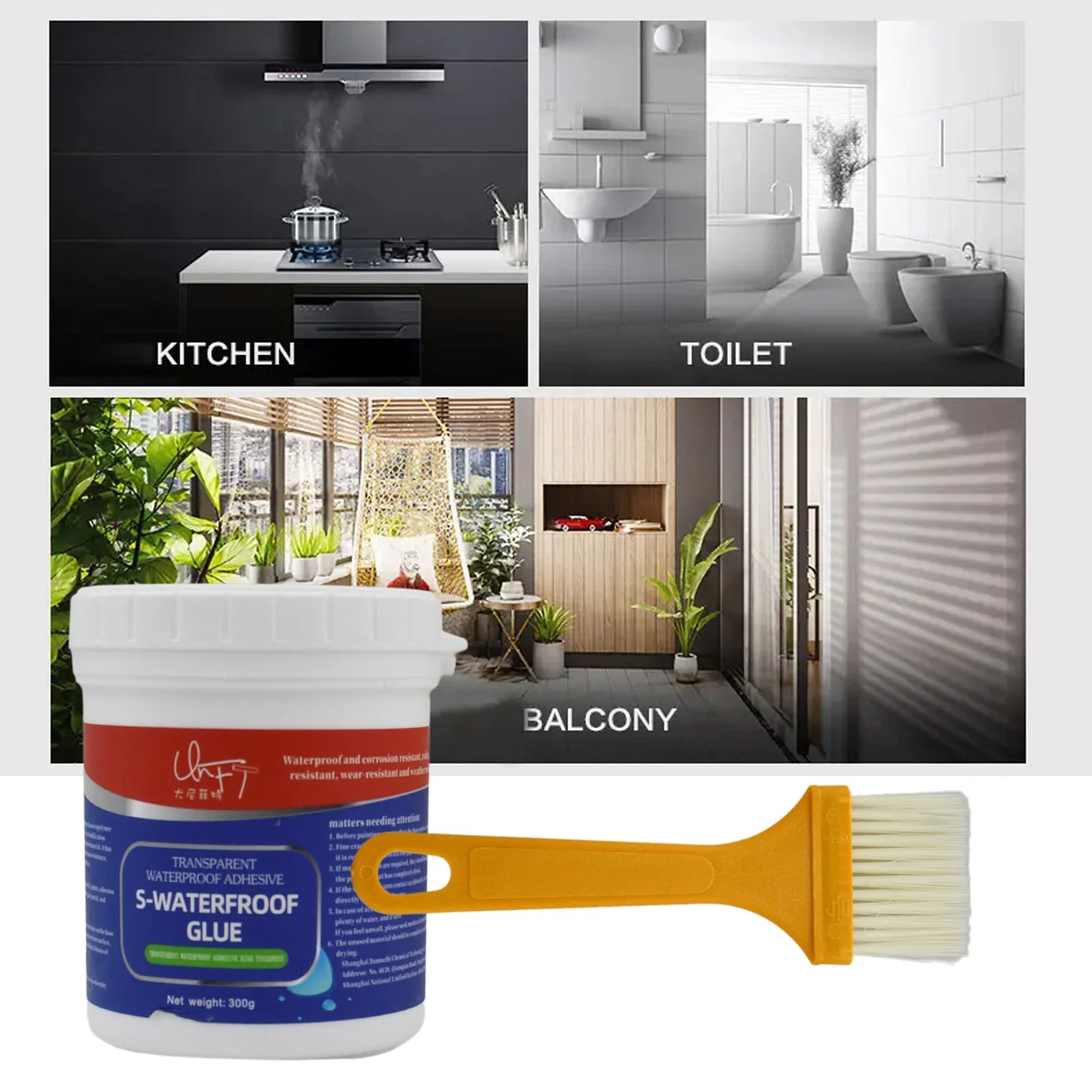 UK-0371 Transparent Waterproof Glue for Roof Leakage Crack Seal Glue 300gm with Brush Crack Seal Agent Roof Water Leakage Solution Transparent Glue Waterproofing