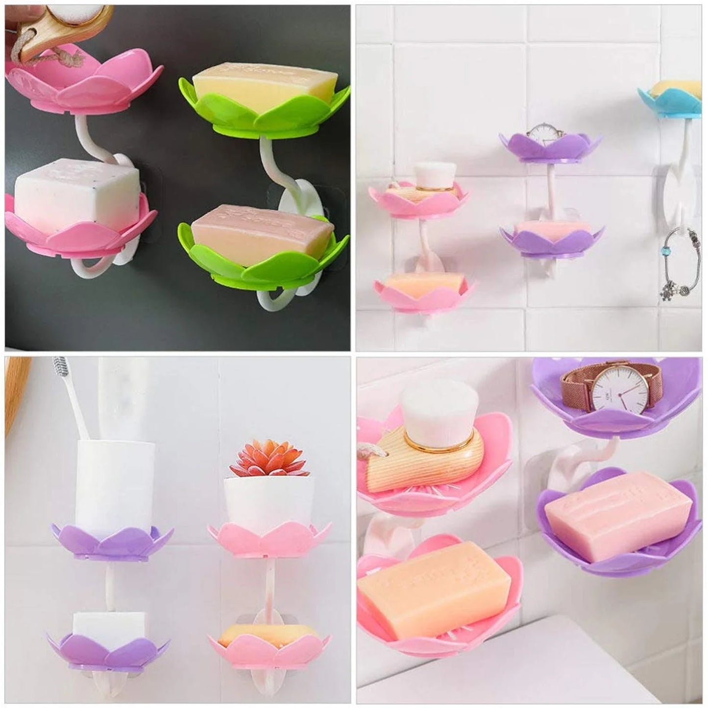 UK-0343 Wall- Mounted Drain Soap Box Double Layer Lotus Flower Shaped Soap Tray Removable Soap Dish Non- Slip Storage Self- Adhesive Bathroom Accessories (Multi-Color)