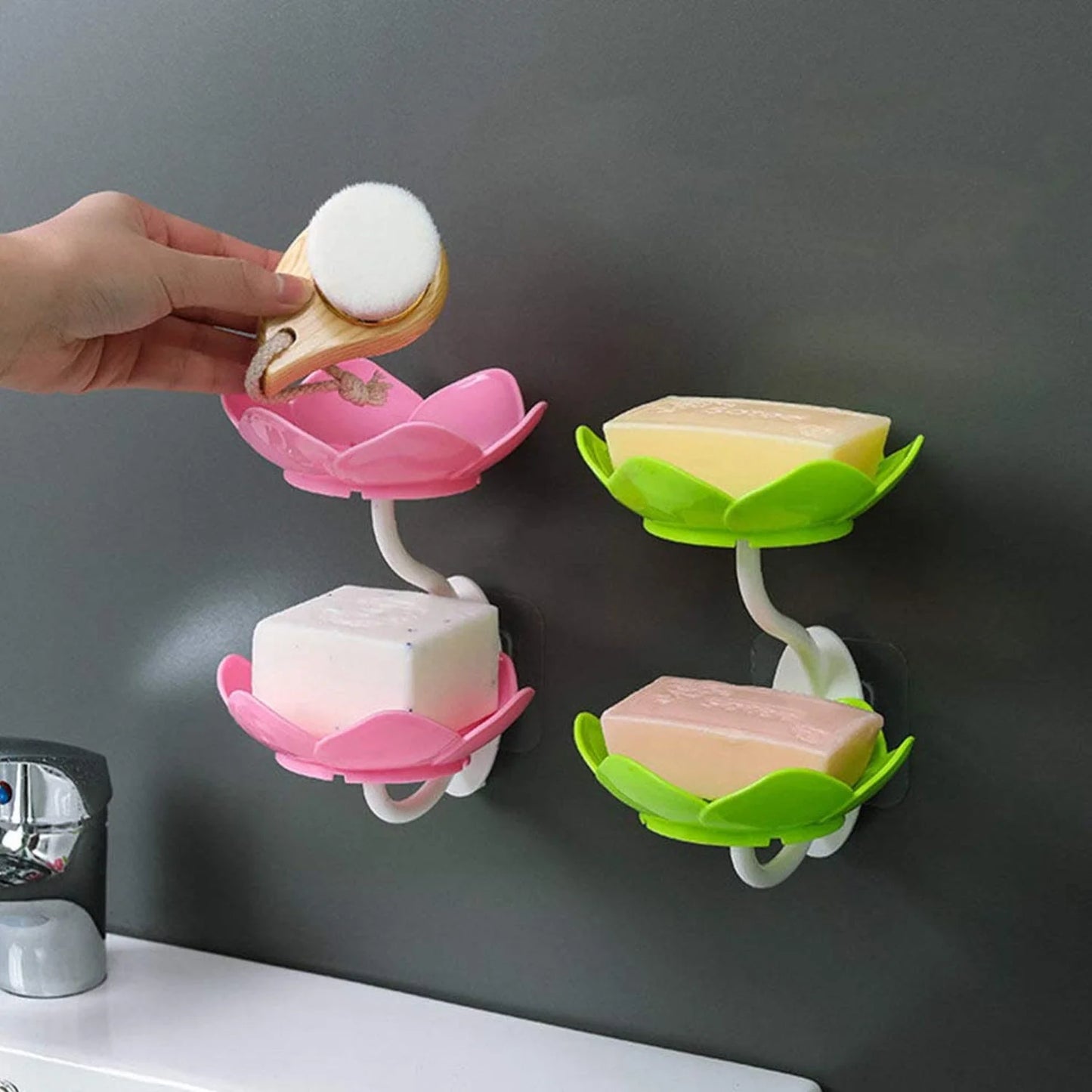 UK-0343 Wall- Mounted Drain Soap Box Double Layer Lotus Flower Shaped Soap Tray Removable Soap Dish Non- Slip Storage Self- Adhesive Bathroom Accessories (Multi-Color)