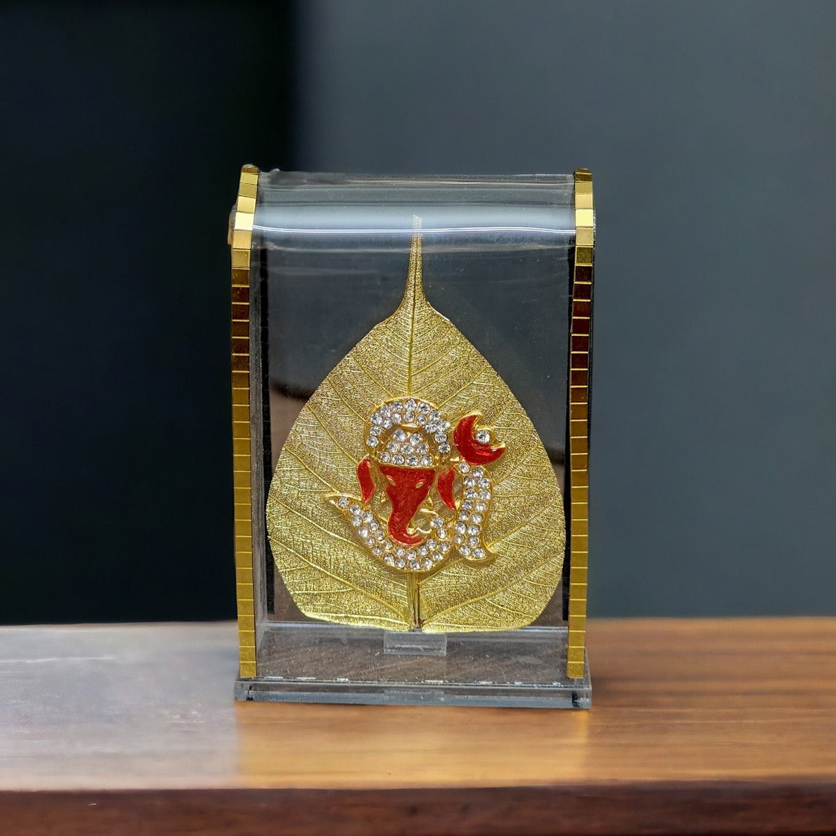UK-0311 Car Dashboard Original pipal leaf with gold plated Idol Golden Lord Hindu Figurine Show peace Murti Idol Statue for office or home (MIX GOD )