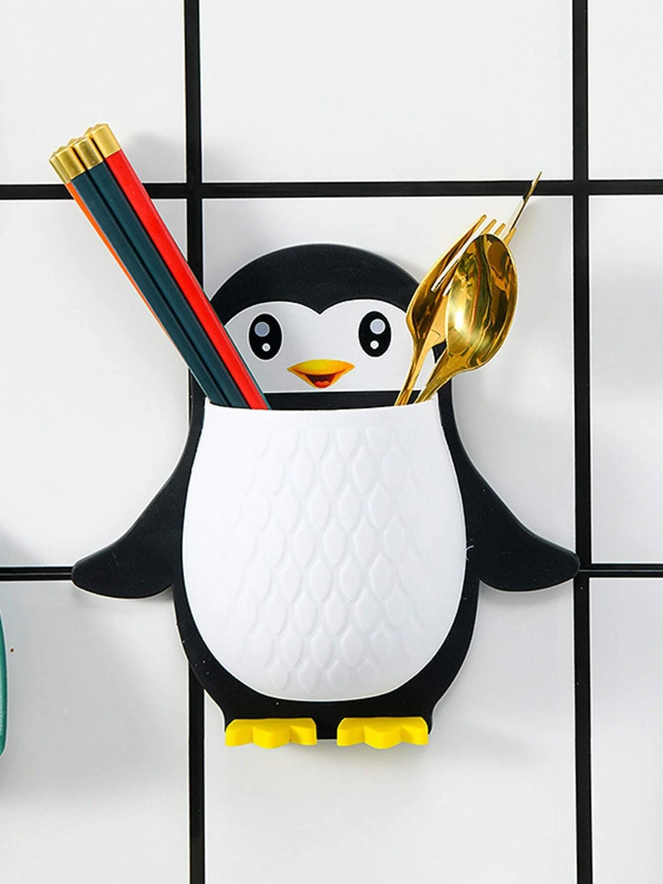 UK-0094 Penguin Design Holder for Toothpaste and Also Holder for Stationery Items Plastic Toothbrush Holder (Multicolor, Wall Mount)