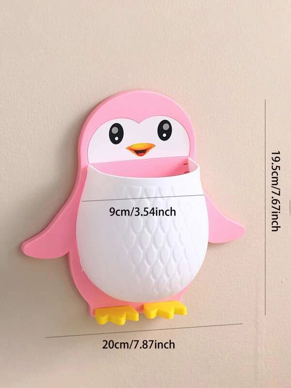UK-0094 Penguin Design Holder for Toothpaste and Also Holder for Stationery Items Plastic Toothbrush Holder (Multicolor, Wall Mount)