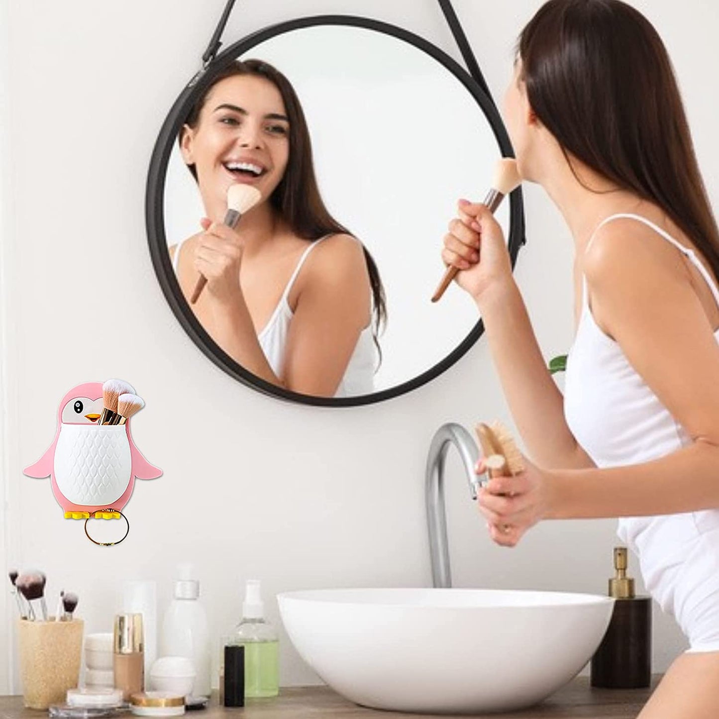 UK-0094 Penguin Design Holder for Toothpaste and Also Holder for Stationery Items Plastic Toothbrush Holder (Multicolor, Wall Mount)