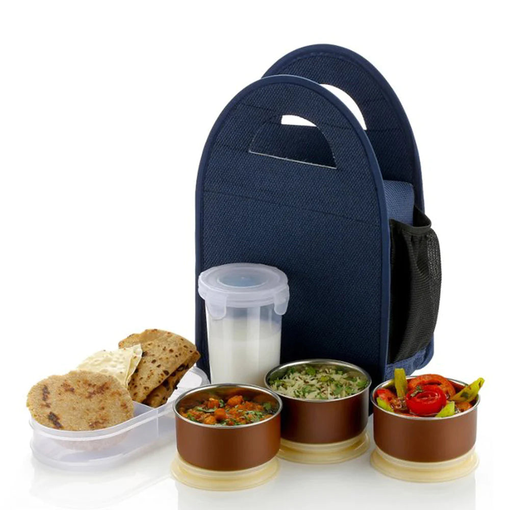 UK-0092 Stainless Steel Stylish Royal Steel Lunch Box Set,LickproofTiffine 4-Pieces,(3 Bowl with Airtight Lid) Black