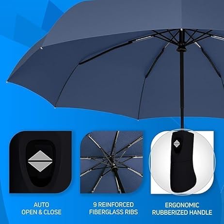 UK-0891 Portable Auto Travel Umbrella - Windproof for Rain, Strong for Wind, Auto Open/Close Button, Perfect Car Umbrella for Men & Women