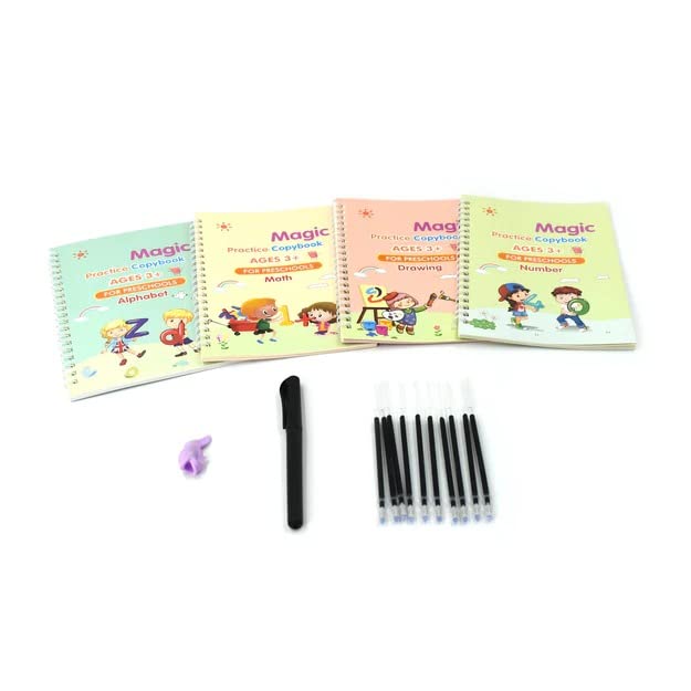 UK-0103 Magic Practice Copybook for Kids, Handwriting Workbook, Reusable Writing Practice Book for Preschools- Alphabet Number Math Drawing Groove Copybook | 4 Books with Pens, Refills