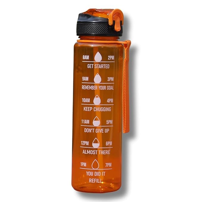 UK-0919 900ML Capacity Belt Straw Transparent Motivational Water Bottles with Time Marker Leak proof & break-proof | Best Usage for Office/School/College/Gym/Travel Bottle | BPA-Free Fitness Sports Bottle