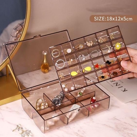 UK-0355 Clear Acrylic Jewelry Organizer Box with 2 Drawers and 30 Compartments, Small Dustproof Jewelry Box for Women and Girls, Earring Display Holder