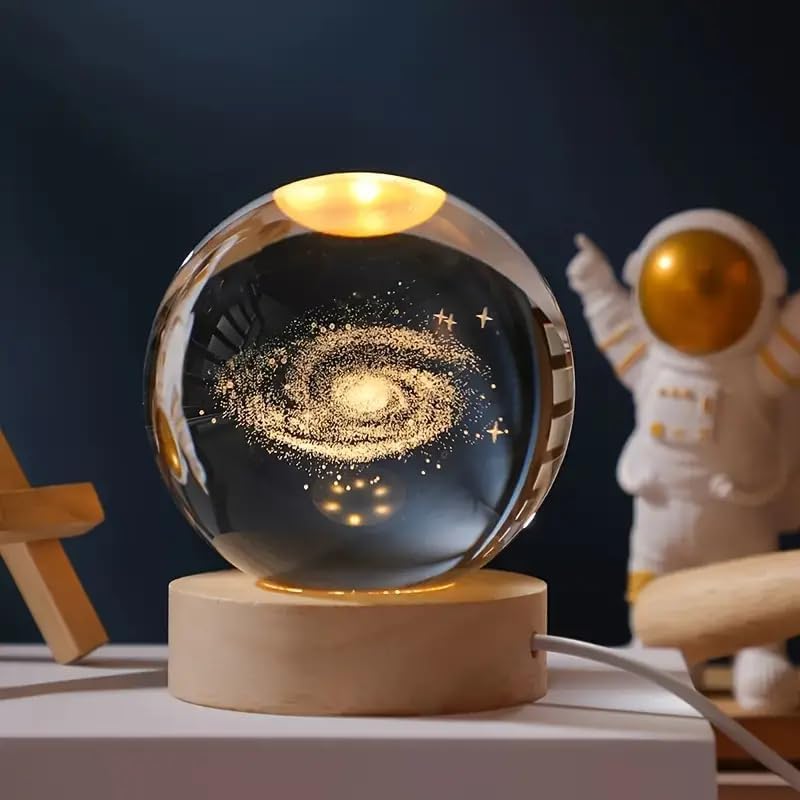 UK-0719 3D Galaxy Crystal Ball Night Lamp,Creative Engraved Crystal Ball Night Light, USB Table LED Wooden Crystal Ball for Home Office Decoration(MIX DESIGN)