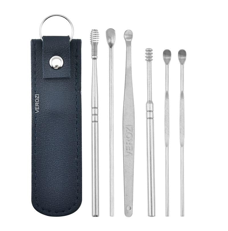 6-in-1 Ear Wax Cleaner- Resuable Ear Cleaning Tools Leather Pouch - Ear Pick Wax Remover Tool Kit with Ear Curette Cleaner and Spring Ear Buds Cleaner Fit in Pocket Great for Traveling