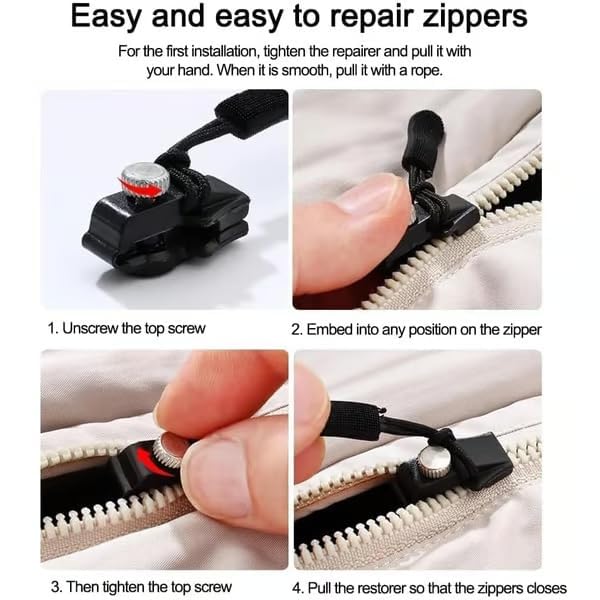 UK-0679 Zipper Repair Kit, Instant Zipper Sliders with Nylon Pull Tabs Cords, Replacement Metal Zipper Pull for Sliding Teeth, Universal Screw Fix Removable Zippers for Bags, Garments (1PC)
