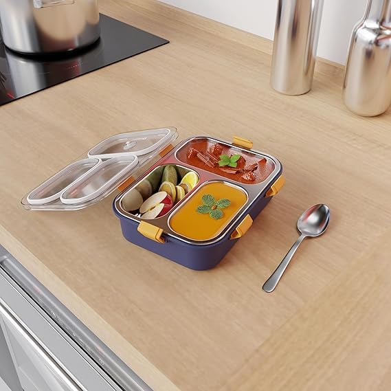 UK-0885 3 Compartment Stainless Steel Lunch Box 750ML, Lunch Box with Steel Cutlery Inside, Heating & Water Insulation for School Kids and Adults Office