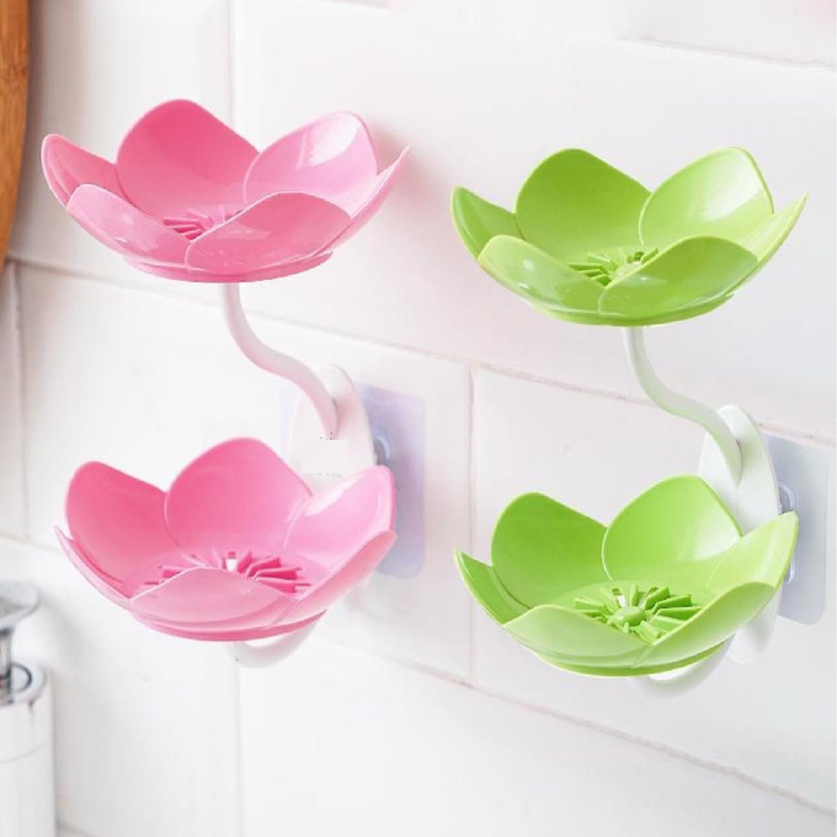 UK-0343 Wall- Mounted Drain Soap Box Double Layer Lotus Flower Shaped Soap Tray Removable Soap Dish Non- Slip Storage Self- Adhesive Bathroom Accessories (Multi-Color)