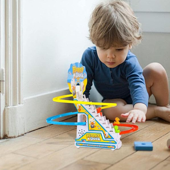 UK-0124 Duck Slide Toy Set, Funny Automatic Stair-Climbing Ducklings Cartoon Race Track Set Little Lovely Duck Slide Toy Escalator Toy with Lights and Music