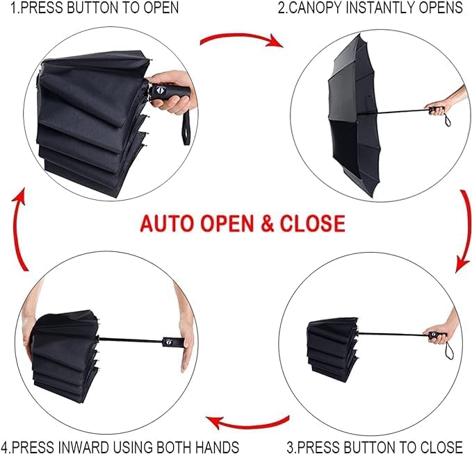 UK-0891 Portable Auto Travel Umbrella - Windproof for Rain, Strong for Wind, Auto Open/Close Button, Perfect Car Umbrella for Men & Women