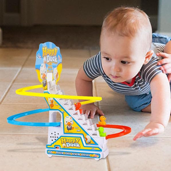 UK-0124 Duck Slide Toy Set, Funny Automatic Stair-Climbing Ducklings Cartoon Race Track Set Little Lovely Duck Slide Toy Escalator Toy with Lights and Music