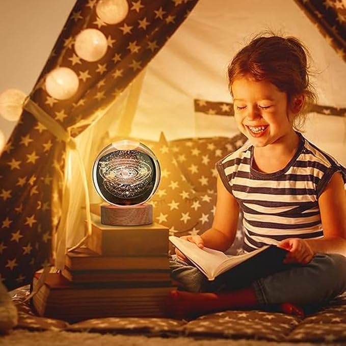 UK-0719 3D Galaxy Crystal Ball Night Lamp,Creative Engraved Crystal Ball Night Light, USB Table LED Wooden Crystal Ball for Home Office Decoration(MIX DESIGN)