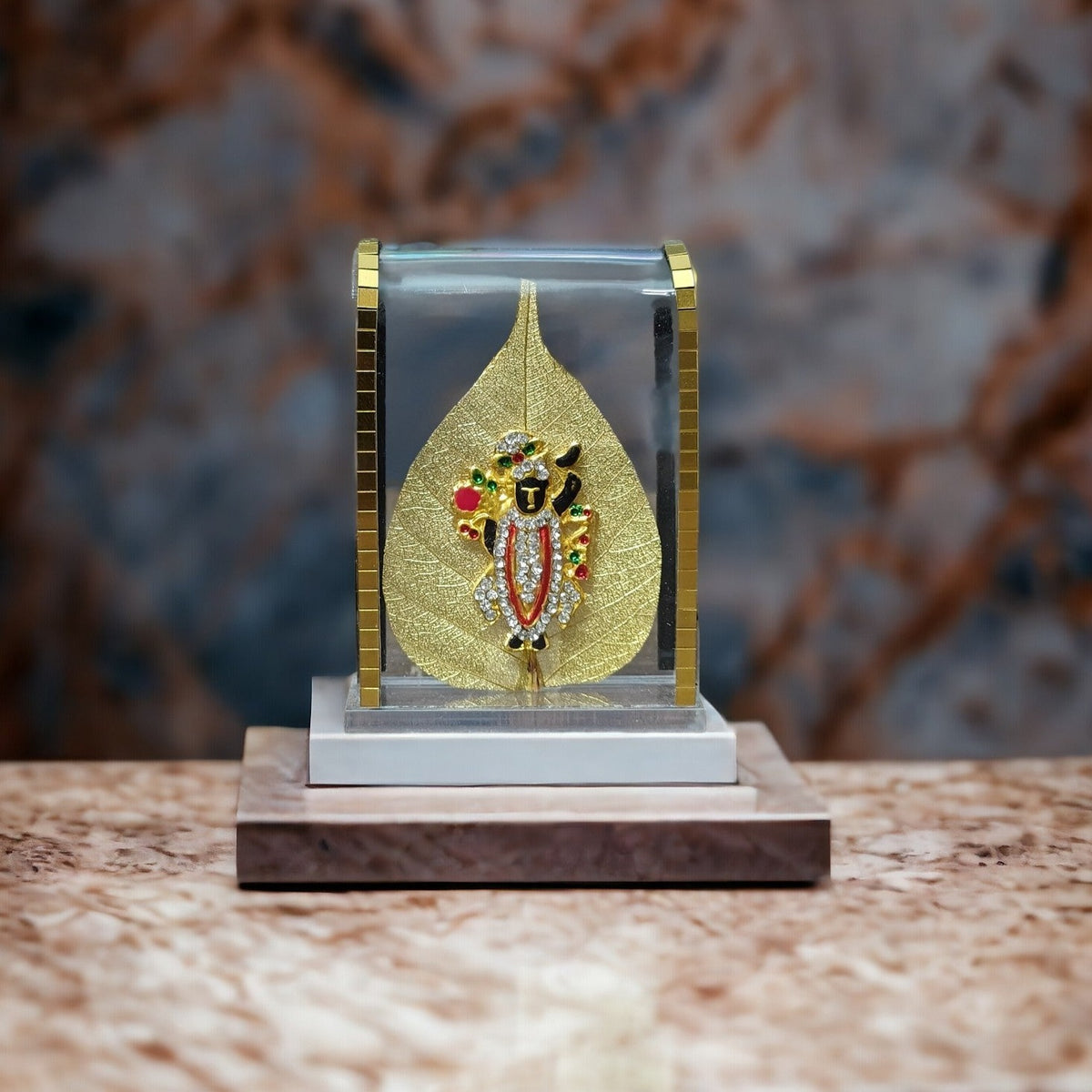 UK-0311 Car Dashboard Original pipal leaf with gold plated Idol Golden Lord Hindu Figurine Show peace Murti Idol Statue for office or home (MIX GOD )