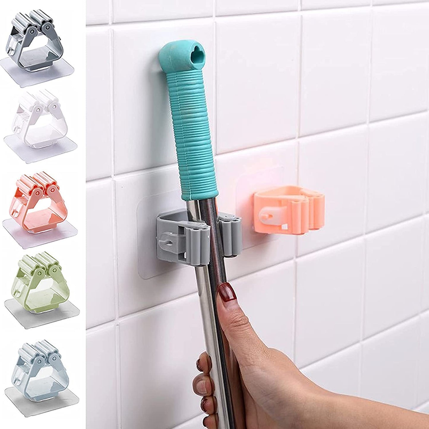 UK-0669 Mop Holder Self Adhesive Hooks, Broom, Mop, Rod Holder, Plastic with Rubber Grip, Bathroom & Kitchen, Multipurpose