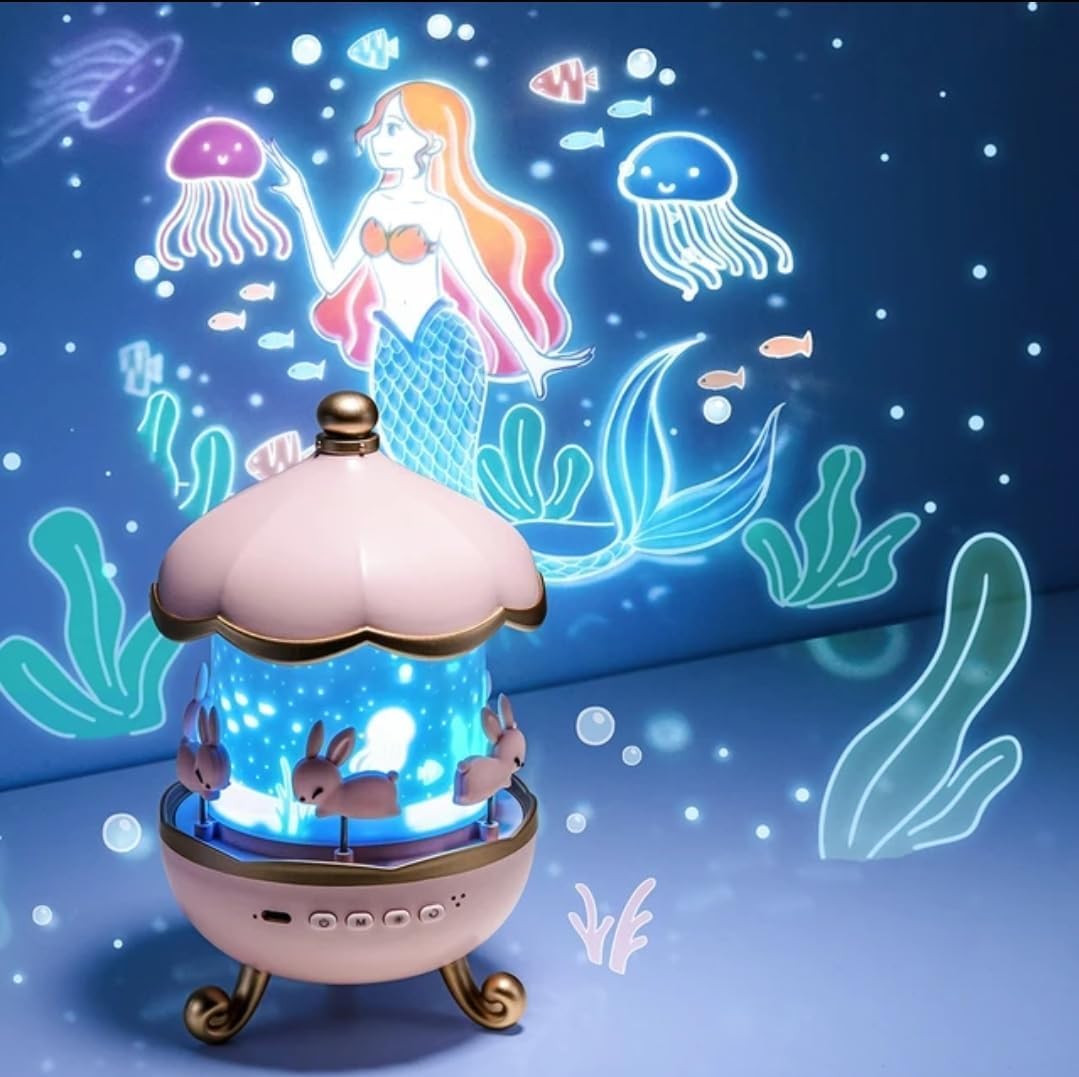 UK-0876 Rabbit Night Light Projector, 360° Rotatable 6 Films Shade Rechargeable LED Night Light Lamp for Kids Room, Nursery Room Decor, Birthday Decor Gift for Kids (Light Projector)