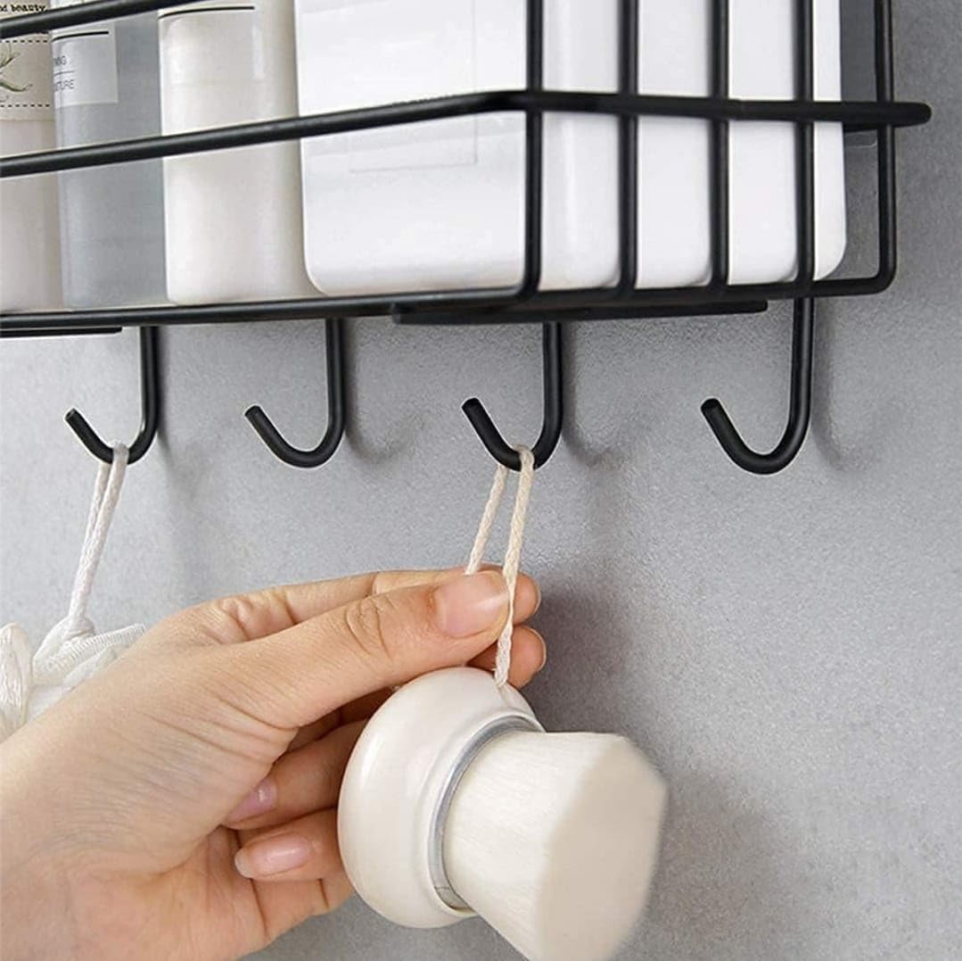 UK-0867 Self-Adhesive Bathroom Shelf with Hooks - Space-Saving Wall Mounted Shelf for Bathroom Essentials