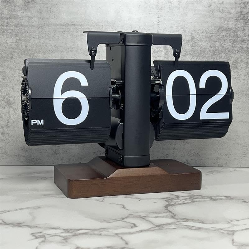 UK-0794 Retro Digital Flip Down Clock, Battery Powered Internal Gear Operated Clock, Classic Mechanical, Black Walnut Base, for Home & Office Decor