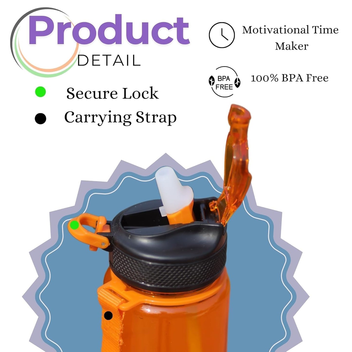 UK-0919 900ML Capacity Belt Straw Transparent Motivational Water Bottles with Time Marker Leak proof & break-proof | Best Usage for Office/School/College/Gym/Travel Bottle | BPA-Free Fitness Sports Bottle