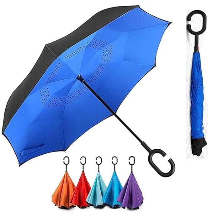 UK-0893 Windproof Reverse Umbrella Foldable Umbrella For Travel Umbrella For Men And Women(PLAIN-Multicolor)
