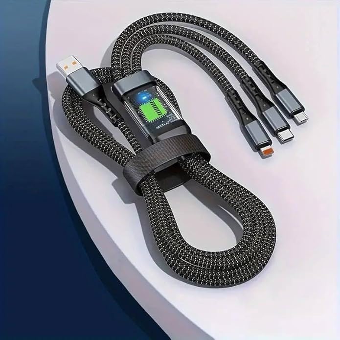 UK-0697 3-in-1 Super Fast Charging Cable 100w, Multifunctional Convenient Super Fast Charging Cable Nylon Braided Cord, 3-in-1 Silicone Zinc Alloy 3 Head Charging Cable
