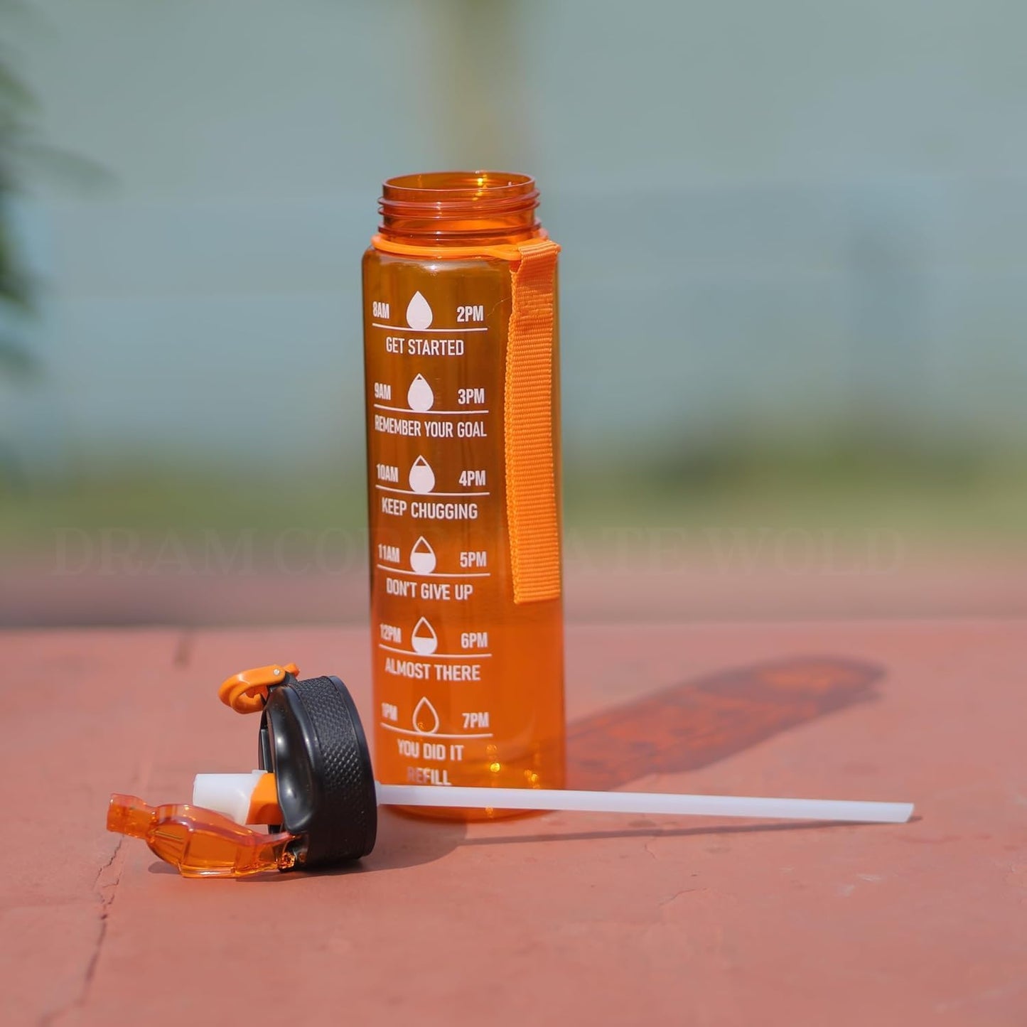 UK-0919 900ML Capacity Belt Straw Transparent Motivational Water Bottles with Time Marker Leak proof & break-proof | Best Usage for Office/School/College/Gym/Travel Bottle | BPA-Free Fitness Sports Bottle