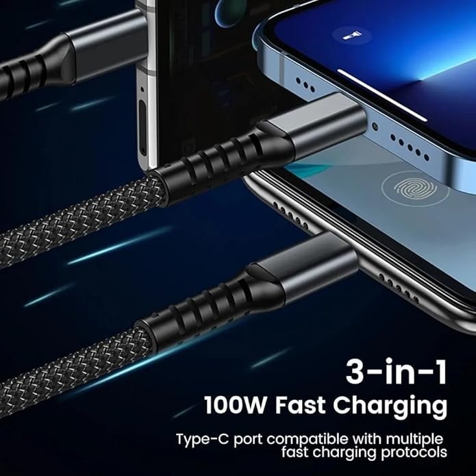 UK-0697 3-in-1 Super Fast Charging Cable 100w, Multifunctional Convenient Super Fast Charging Cable Nylon Braided Cord, 3-in-1 Silicone Zinc Alloy 3 Head Charging Cable