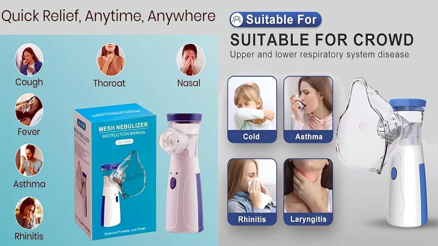 UK-0877 Mesh Nebulizer for Adults & Kids, Handheld Nebuliser Machine with 2 Masks, 1 Mouth piece & Usb, Cool Mist Inhailer for Cold & Cough, Breathing Problems