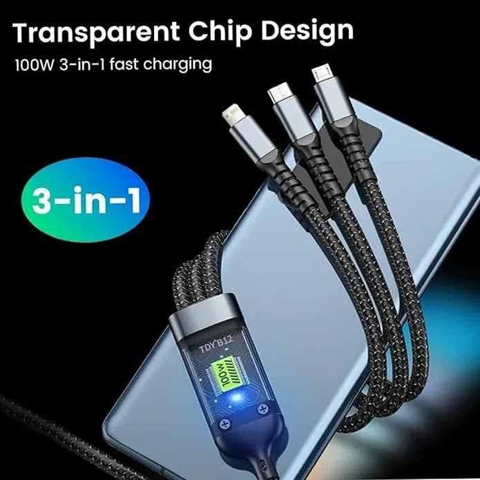 UK-0697 3-in-1 Super Fast Charging Cable 100w, Multifunctional Convenient Super Fast Charging Cable Nylon Braided Cord, 3-in-1 Silicone Zinc Alloy 3 Head Charging Cable