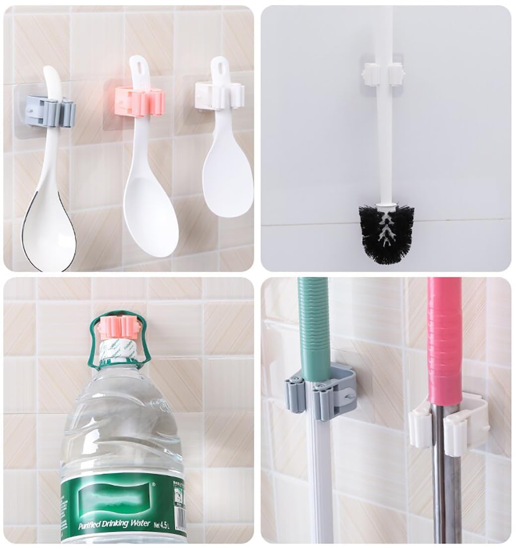 UK-0669 Mop Holder Self Adhesive Hooks, Broom, Mop, Rod Holder, Plastic with Rubber Grip, Bathroom & Kitchen, Multipurpose