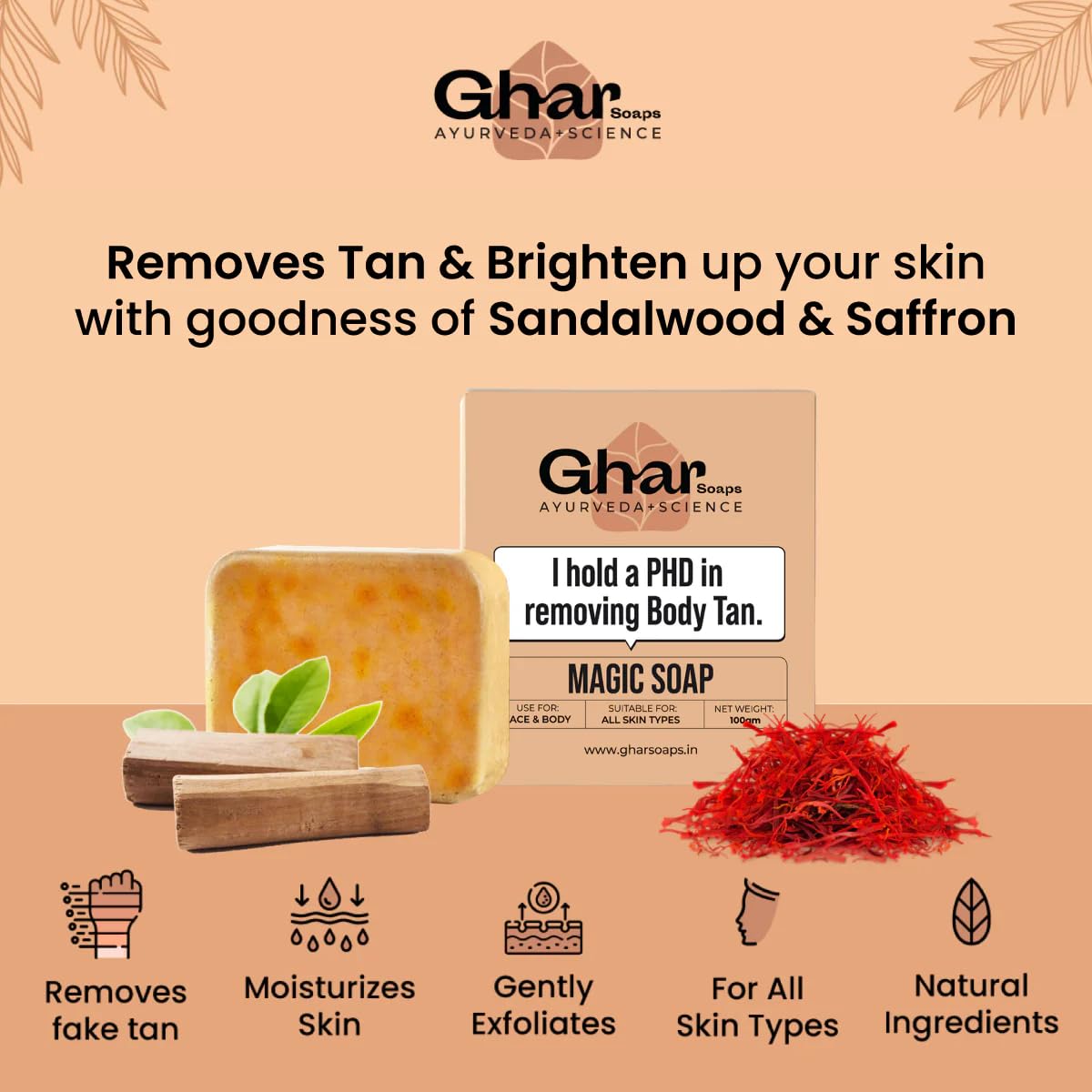 UK-0811 Ghar Soaps Sandalwood & Saffron Magic Soaps For Bath (100 Gms) | Paraben Free | Chandan & Kesar Bath Soap | Handmade Soaps For Glowing | Skin Brightening Soap For Men & Women