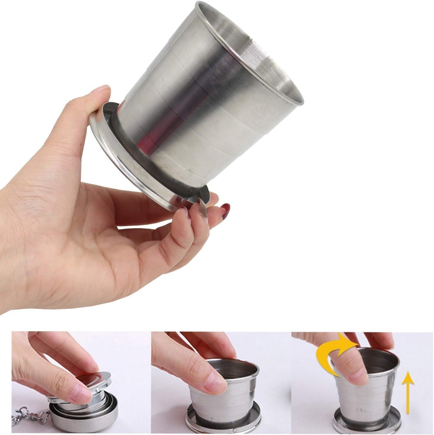 UK-1028 Steel Folding Cup, 120ml Small Portable Camping Mug Drink Cup with Lid & Keychain for Outdoor Adventures Travel Camping Hiking Pocket Size Reusable Space-Saving Travel Cup