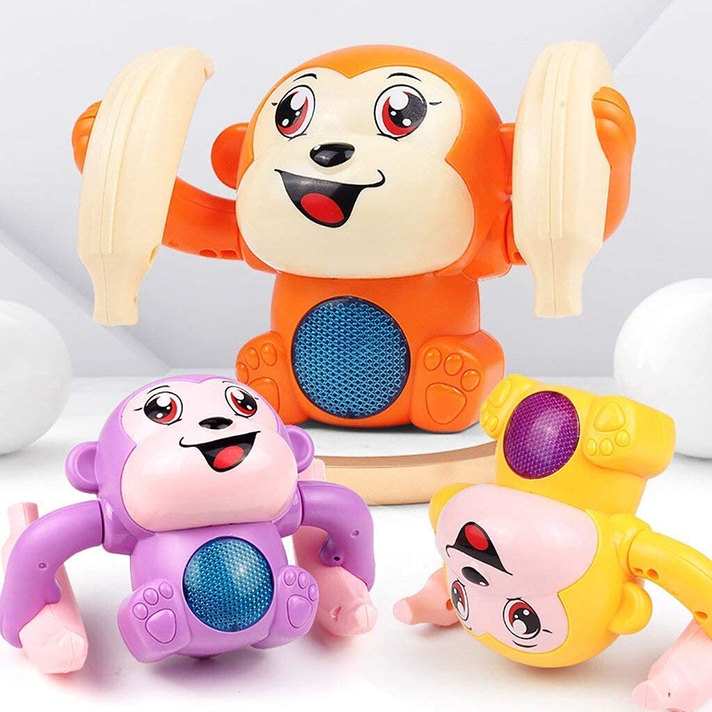 UK-0119 Dancing Monkey Musical Toy for Kids Baby Spinning Rolling Doll Tumble Toy with Voice Control Musical Light and Sound Effects with Sensor, Multicolor