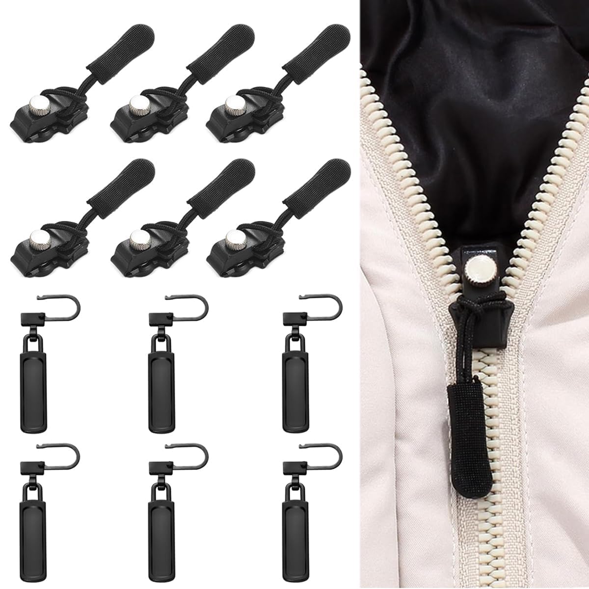 UK-0679 Zipper Repair Kit, Instant Zipper Sliders with Nylon Pull Tabs Cords, Replacement Metal Zipper Pull for Sliding Teeth, Universal Screw Fix Removable Zippers for Bags, Garments (1PC)