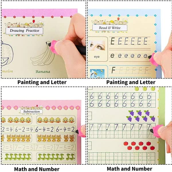 UK-0103 Magic Practice Copybook for Kids, Handwriting Workbook, Reusable Writing Practice Book for Preschools- Alphabet Number Math Drawing Groove Copybook | 4 Books with Pens, Refills