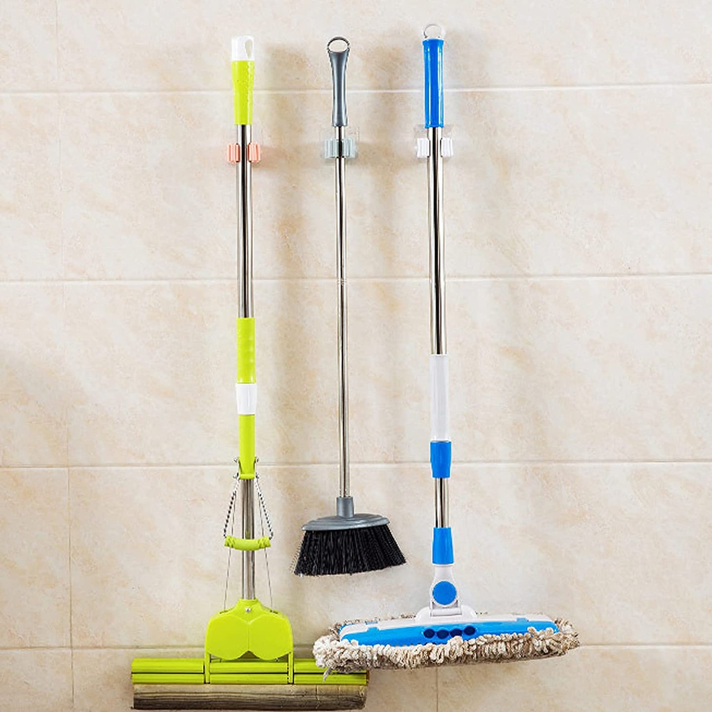 UK-0669 Mop Holder Self Adhesive Hooks, Broom, Mop, Rod Holder, Plastic with Rubber Grip, Bathroom & Kitchen, Multipurpose