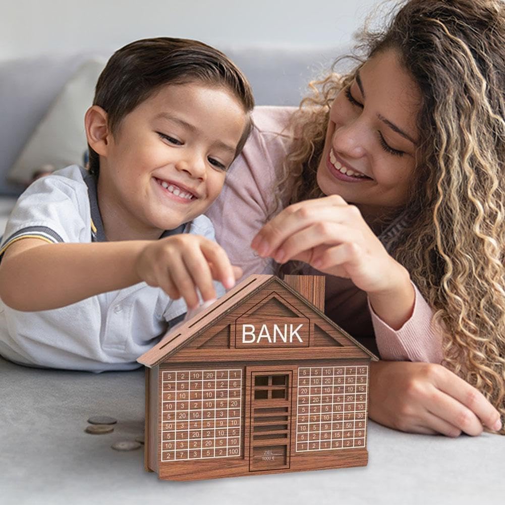 UK-0901 Wooden Piggy Bank for Kids, Retro Money Saving Box with 100000 Wooden Toy Targets