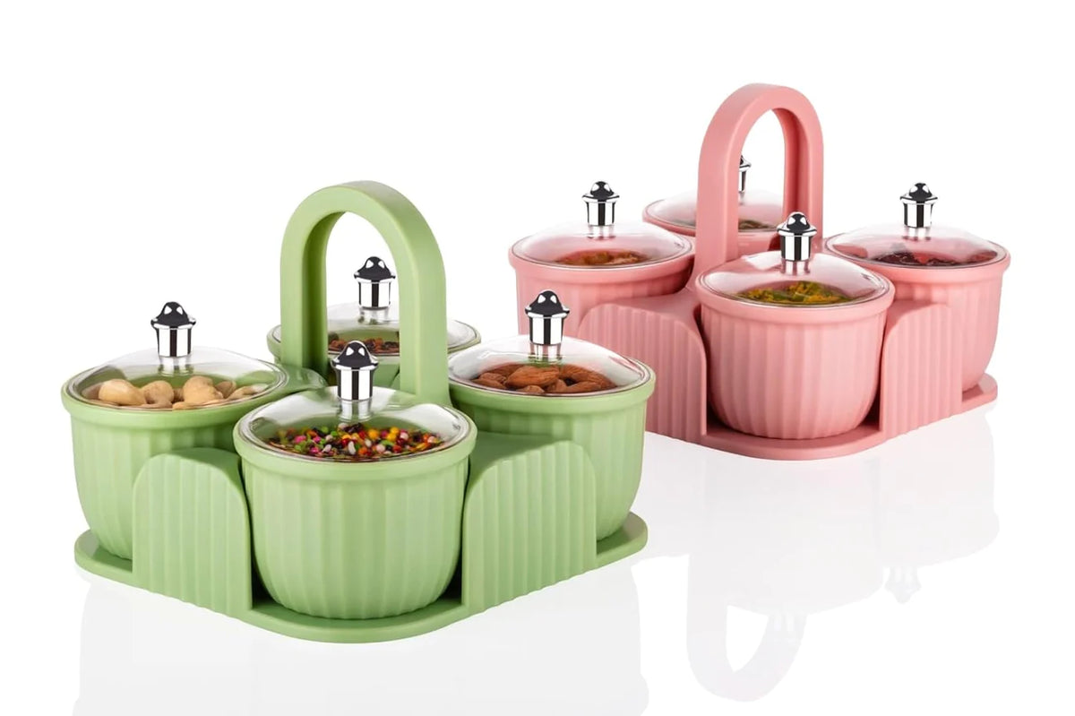 Dry Fruit Container Tray Set with Lid & Serving Tray 4 Pieces Airtight Jar for Serving Sweets, Chips, Cookies Other Snacks(Mutlicolor)