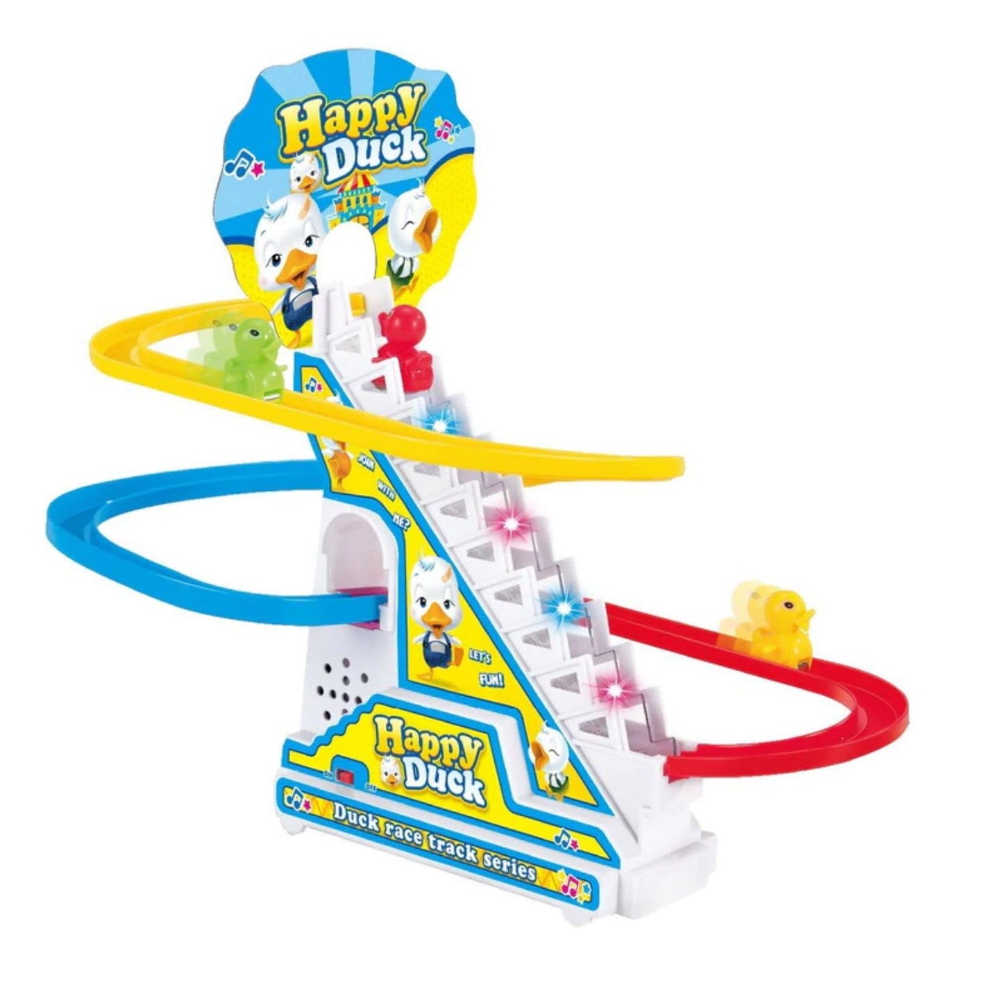 UK-0124 Duck Slide Toy Set, Funny Automatic Stair-Climbing Ducklings Cartoon Race Track Set Little Lovely Duck Slide Toy Escalator Toy with Lights and Music
