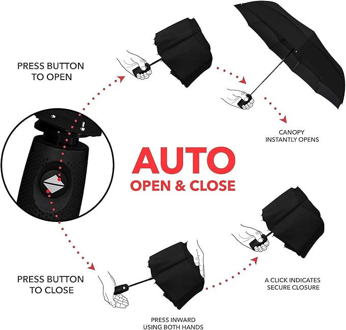 UK-0891 Portable Auto Travel Umbrella - Windproof for Rain, Strong for Wind, Auto Open/Close Button, Perfect Car Umbrella for Men & Women