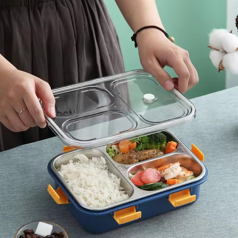UK-0885 3 Compartment Stainless Steel Lunch Box 750ML, Lunch Box with Steel Cutlery Inside, Heating & Water Insulation for School Kids and Adults Office