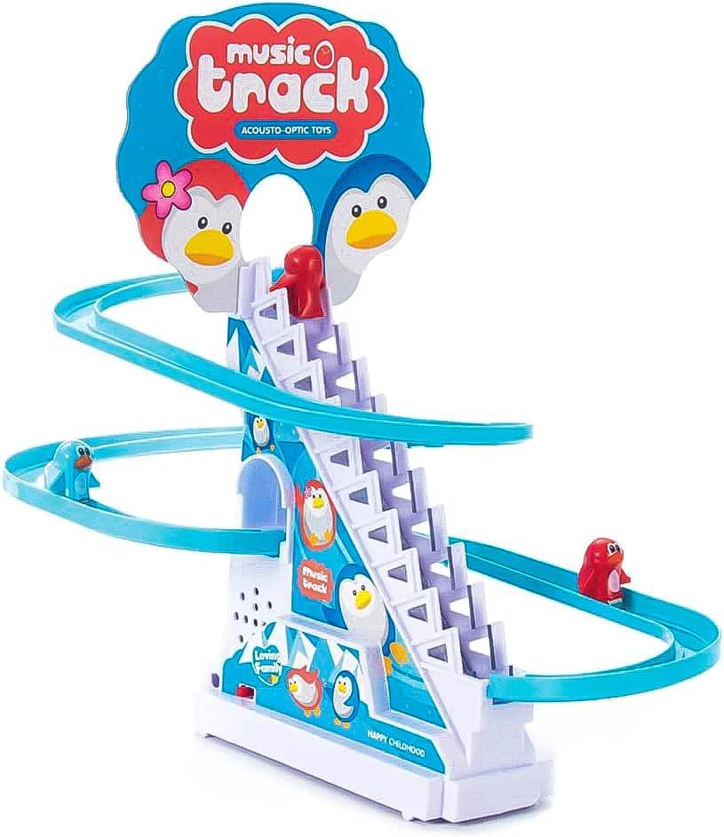 UK-0124 Duck Slide Toy Set, Funny Automatic Stair-Climbing Ducklings Cartoon Race Track Set Little Lovely Duck Slide Toy Escalator Toy with Lights and Music