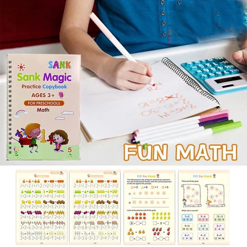 UK-0103 Magic Practice Copybook for Kids, Handwriting Workbook, Reusable Writing Practice Book for Preschools- Alphabet Number Math Drawing Groove Copybook | 4 Books with Pens, Refills