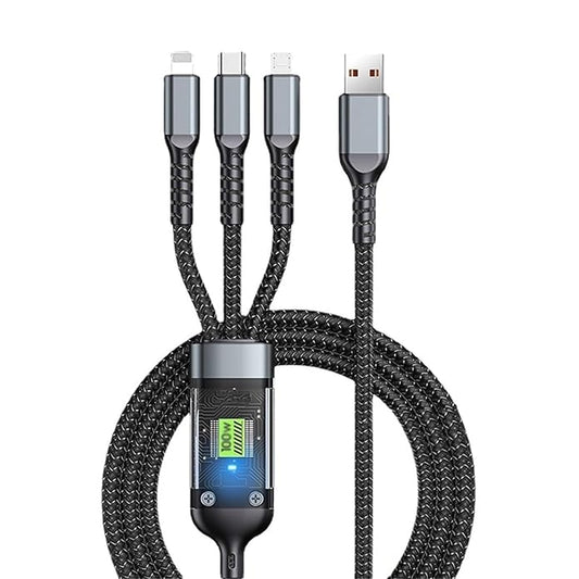 UK-0697 3-in-1 Super Fast Charging Cable 100w, Multifunctional Convenient Super Fast Charging Cable Nylon Braided Cord, 3-in-1 Silicone Zinc Alloy 3 Head Charging Cable