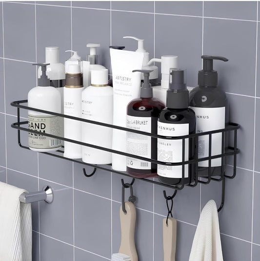 UK-0867 Self-Adhesive Bathroom Shelf with Hooks - Space-Saving Wall Mounted Shelf for Bathroom Essentials